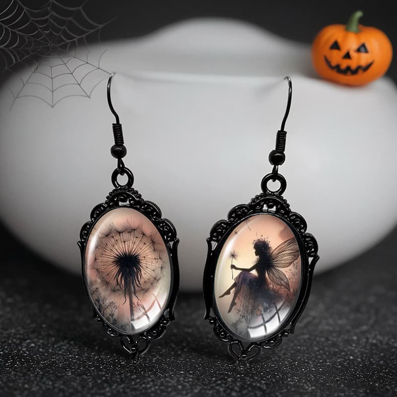 TEMU A Pair Of Black Lace Dandelion Fairy Earrings, Oval Drop Handmade Jewelry Gift, Without Battery