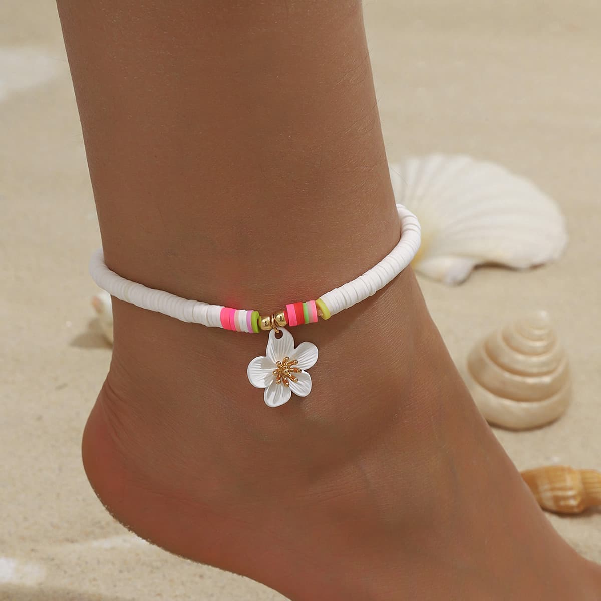 TEMU A Summer Bohemian-style Oil- Camellia Soft Clay Woven Anklet, Perfect For Women's Everyday Vacation Outfits
