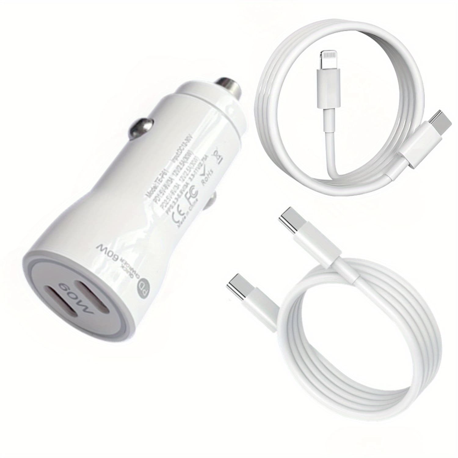 TEMU For Iphone 17 16 15 14 13 12 Charger Fast Charging, Usb Type C Car Charger Fast Charge, 60w Dual Port Car Adapter&2 Pack C To C&c To Lightning Cable-car Accessories For Iphone/ipad/airpods