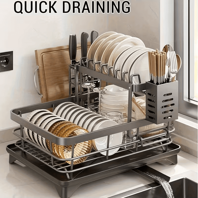 TEMU Large-capacity Double-layer Kitchen Storage Rack - Metal Dish And Utensil Rack With Drainage Function, Suitable For Bowls, Cups, Cutting Boards