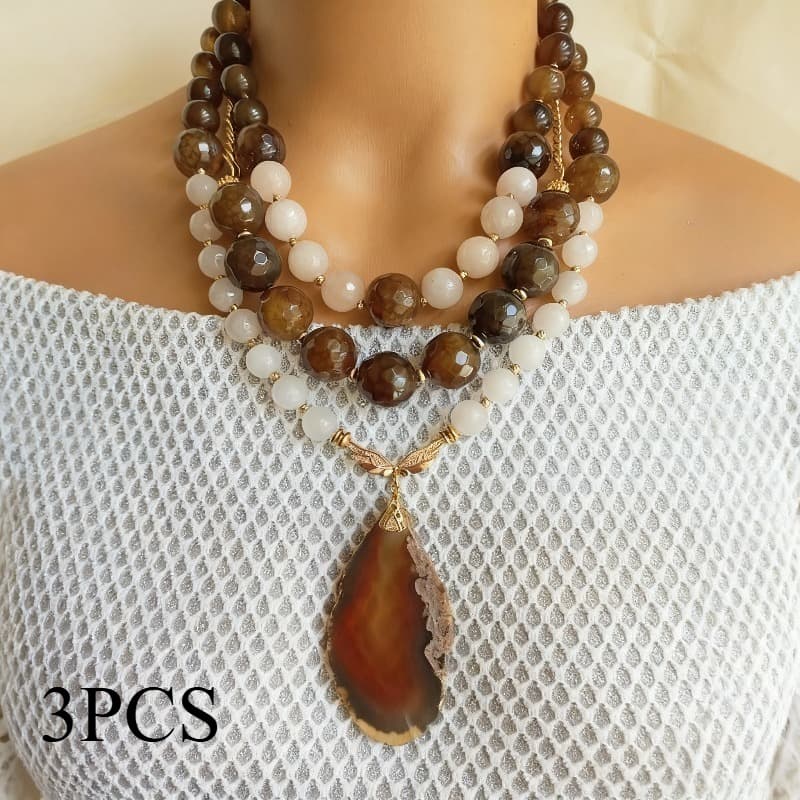 TEMU Elegant Layered Necklaces Made Of Natural Stone Beads, Featuring Irregular Pendants In White And Brown, Perfect For Women's Parties, Ceremonies, And As Gifts