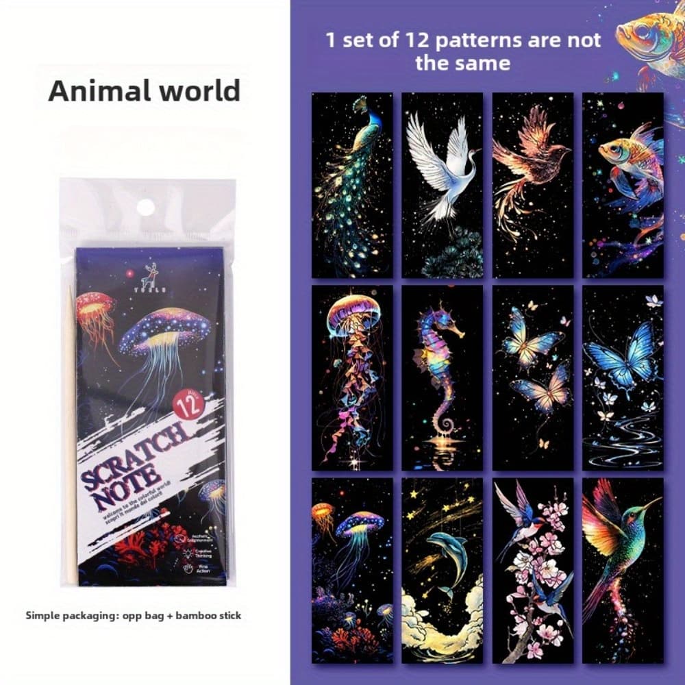 TEMU 12pcs With Tools, Vibrant Diy Art For Decor, Perfect Gift For Craft Enthusiasts, Includes Fish & Designs, High-quality Plastic Material, Artistic Gift | Decorative Cards | Colorful Scratch Paper