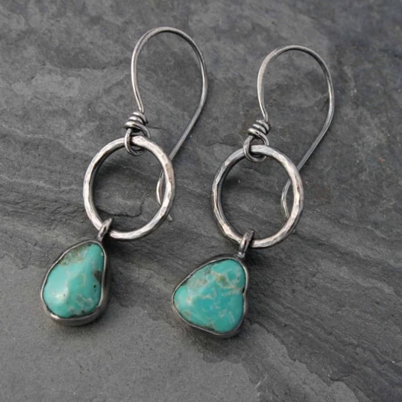 TEMU 2pcs Silvery Plated Copper Synthetic Turquoise Drop Earrings, Boho Minimalist Style For Festival Vacation Date, Unique Natural- For Women To Embrace Charm On