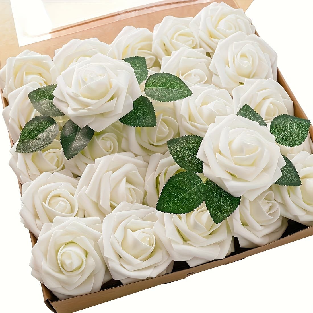 TEMU 22pcs Artificial Roses With Stems, 20 Flowers And 2 Leaves, Lifelike Ivory Colored Fake Roses, Used For Wedding Bouquets, Valentine's Day, , Christmas, Garden And Yard Decoration, Home Decoration