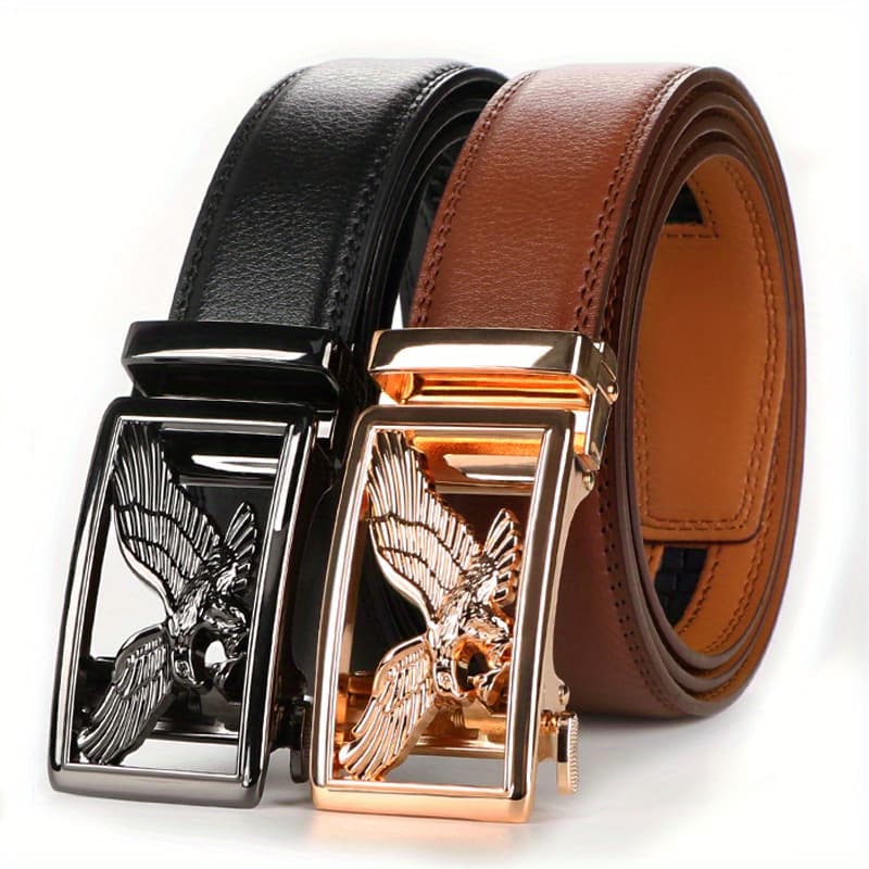 TEMU 2pcs Men's Genuine Leather Belt With Automatic Ratchet - Adjustable, & Casual Wear - Perfect Christmas Gift