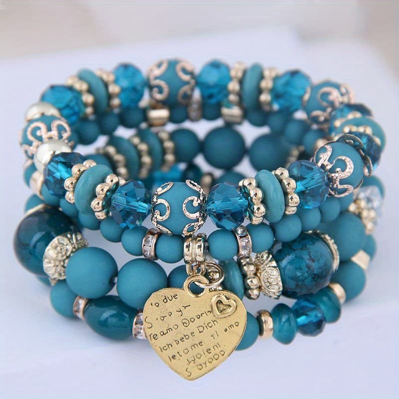 TEMU Set Of 4 Heart-shaped Pendant Beaded Layered Bracelets, Vintage Jewelry Gift For Valentine's Day