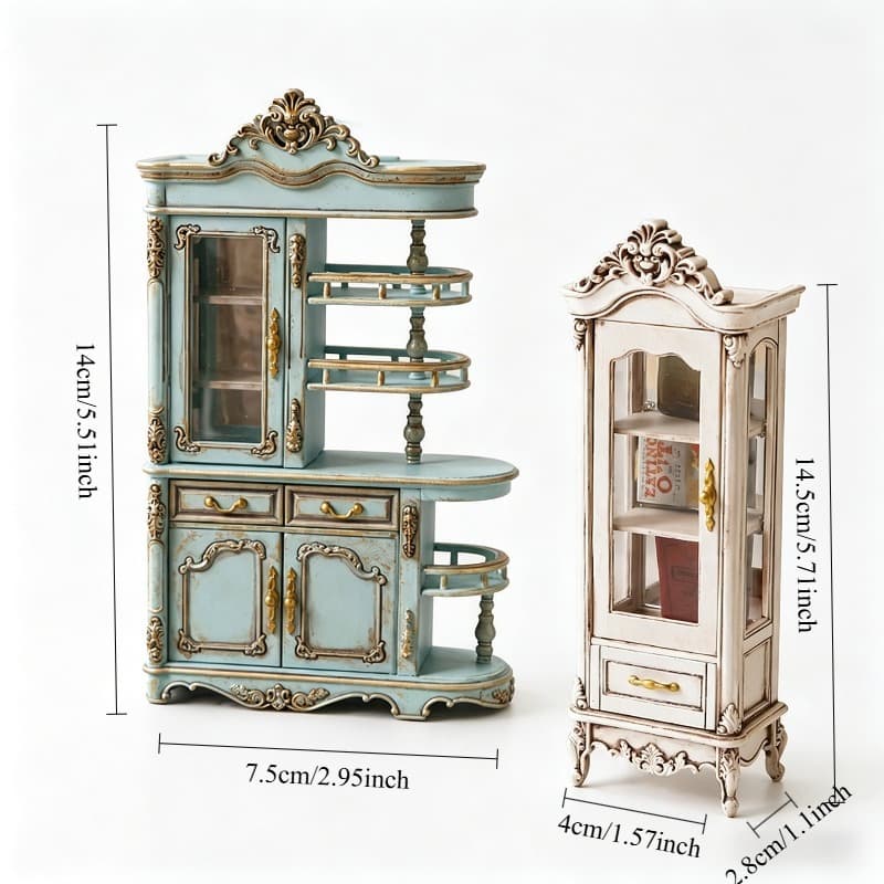 TEMU [yc Mall Local]vintage Rococo Style Dollhouse Furniture, Light Blue And White Screen Cabinet And Bar Cabinet, 1/12 Scale Living Room Dining Room Display Additions