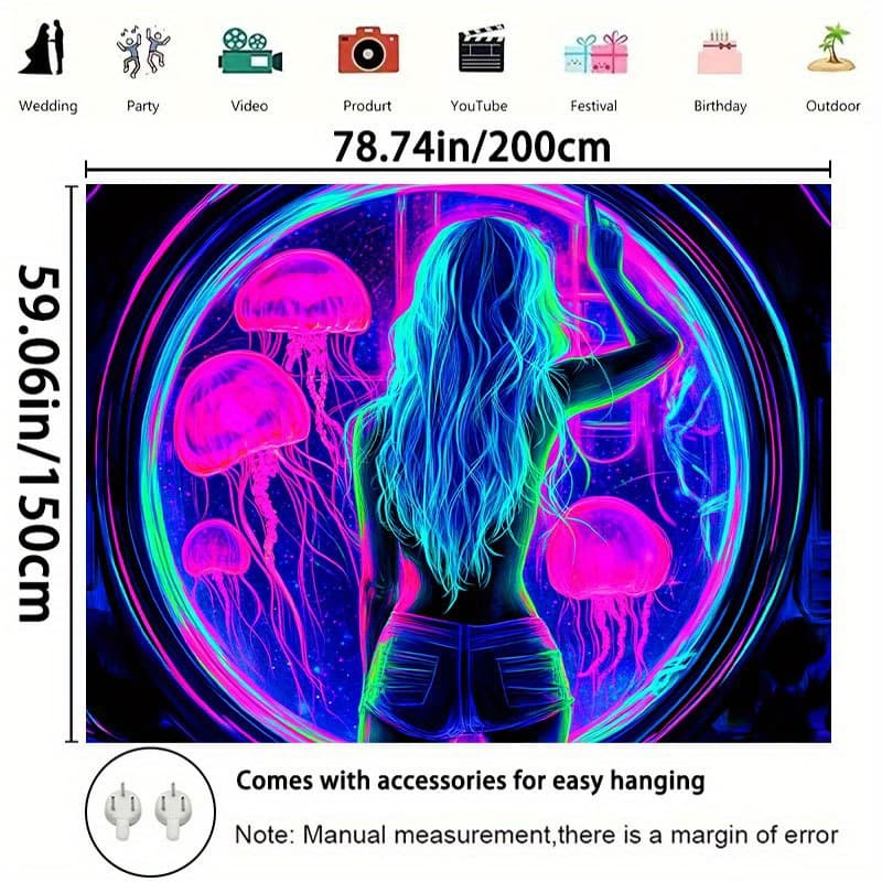 TEMU 2d Flat - 2d Flat - 1pc, 2d/ Flat Polyester Fluorescent Tapestry, Mushroom Meditation World, Uv Black Light Reactive Tapestry 78.74 * 59.06 Inches, Very Suitable For Living Room, Bedroom