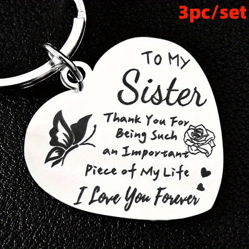 TEMU 3pcs Engraved Heart Sister Keychain Compatible For Keychains - Stainless Steel ' With "thank You For Being An Important " Message, Rose & , Heart-shaped Link For Sisters, For Birthdays, Weddings,