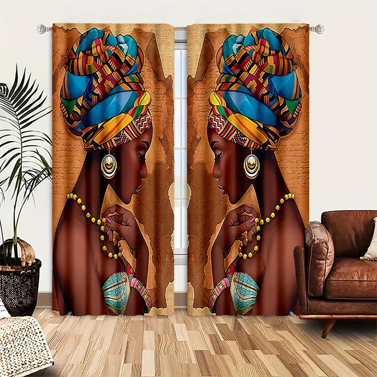 TEMU 2pcs Set African Women's Patterned Door Curtains, Lightweight And Breathable Polyester, Ideal For Bedroom, Office, Kitchen, Living Room, Study - Machine Washable, Non-woven Fabric