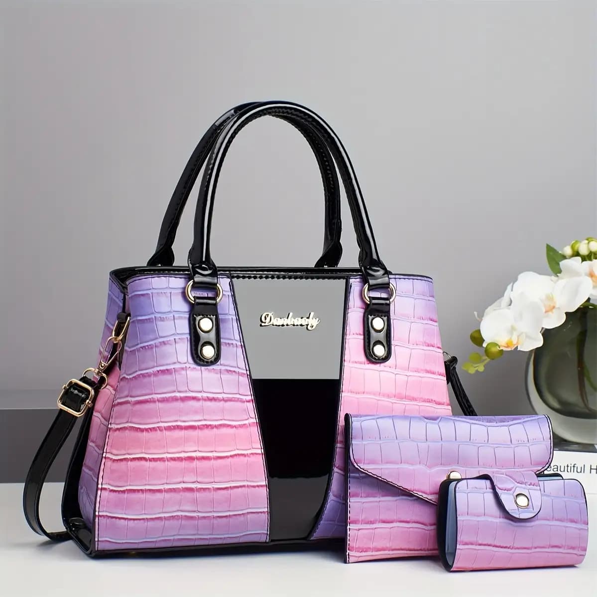 TEMU New Painted Stone Pattern Color Matching Random Pattern European And American Trendy Fashion Women's Handbag Three-piece Set