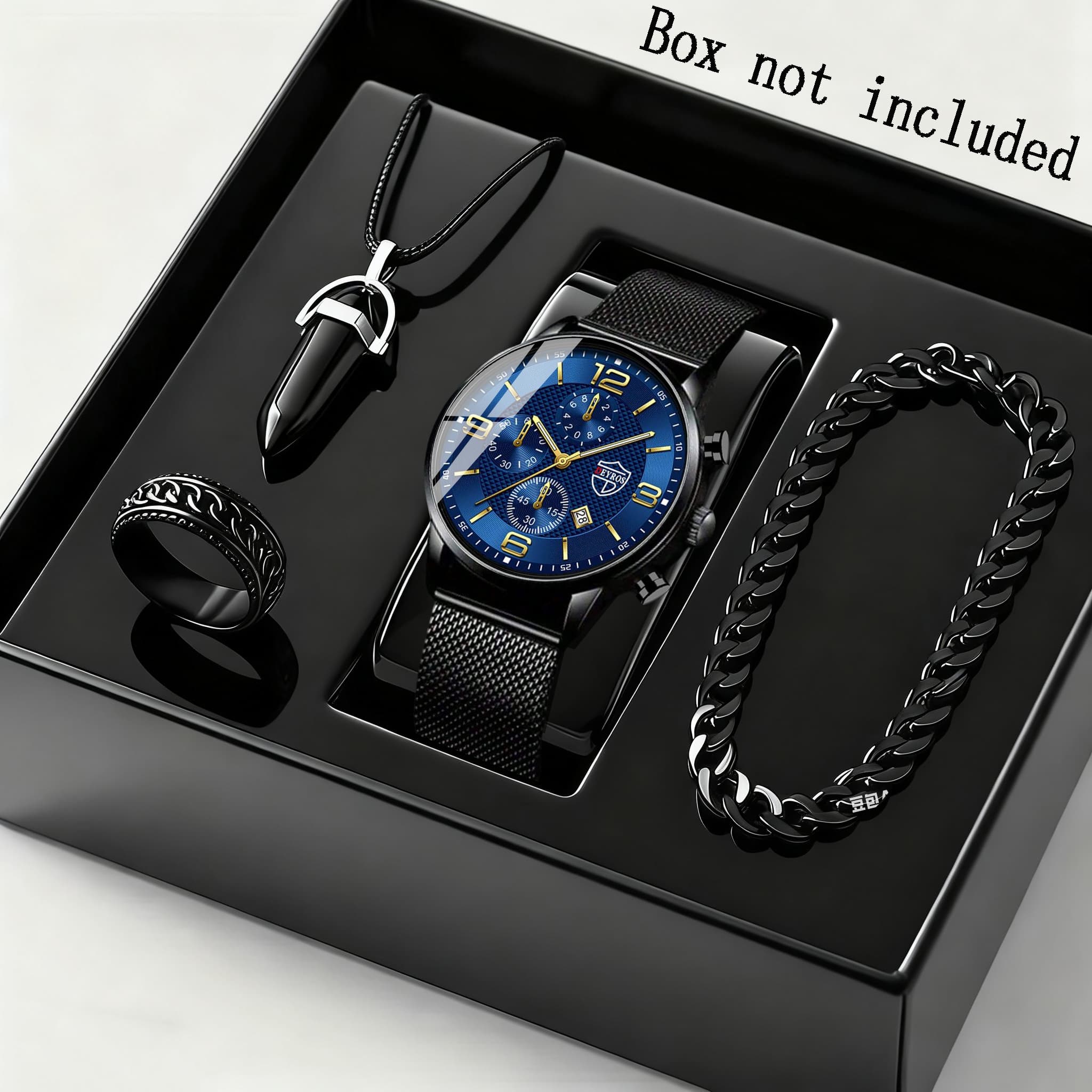 TEMU 4pcs/ Set Men's Elegant Quartz Watch & Bracelet Set | Stainless Steel | Casual Watch | Business Watch | Bracelet For Men | Men Necklace | Date Watch For Men