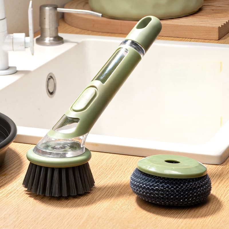 TEMU Ergonomic Dishwashing Brush With Soap Dispenser - Extended Handle, Replaceable Head For Of Pots, Pans & Sinks - Essential Kitchen Tool