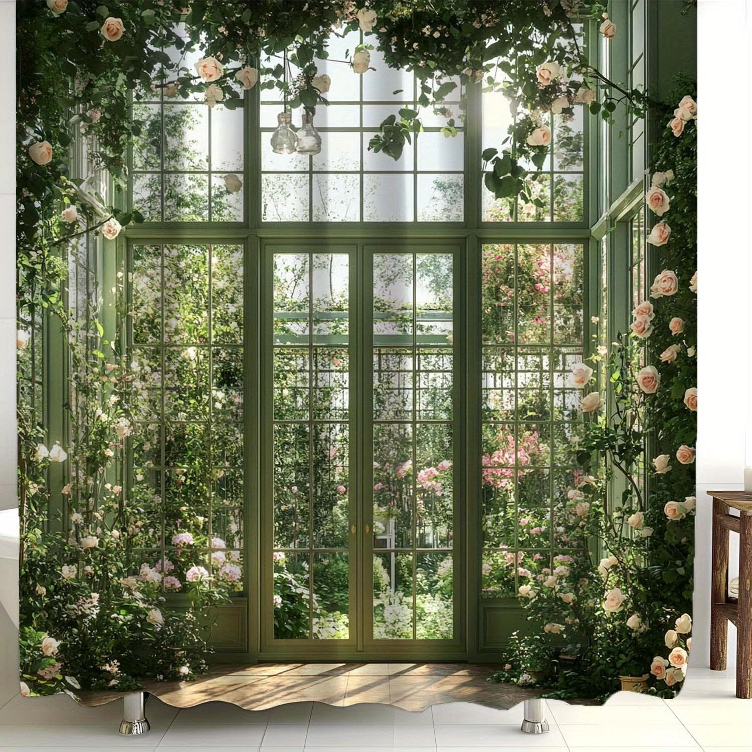 TEMU 1pc Vintage Garden Design High-quality Shower Curtain, Includes 12 Hooks For Window Use