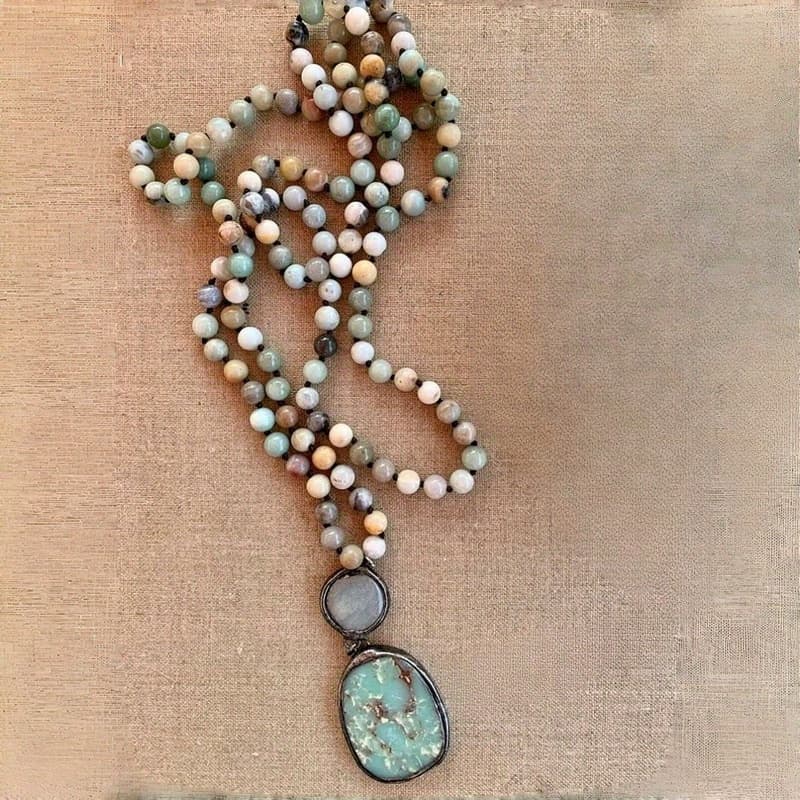 TEMU Fashion Beautiful Natural Stone Texture Pendant Hand Knotted Double Layers Ladies Necklace