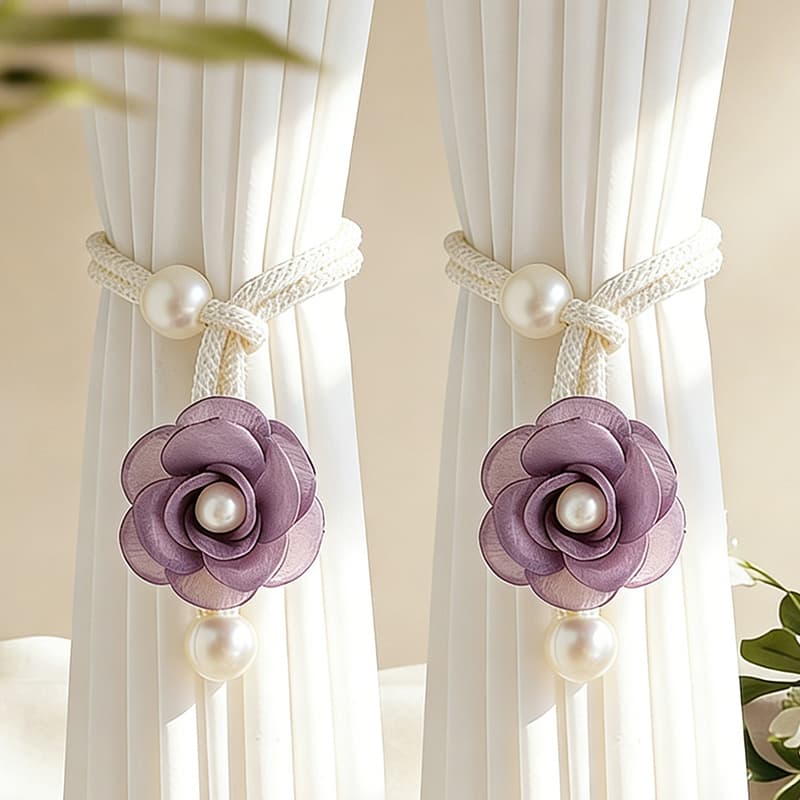 TEMU Set Of 2 Bohemian-style 3d Flower Curtain Ties With Pearl Accents, Adjustable Curtain Clips For A In Living Rooms And Bedrooms