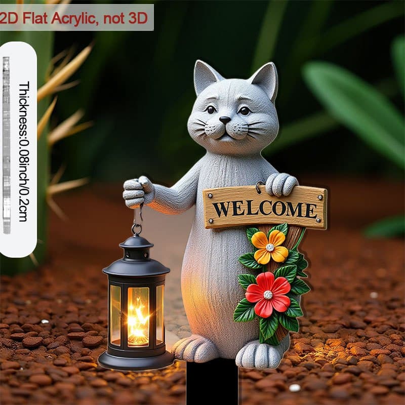 TEMU 2d Flat, [2d Flat] 1pc 2d Flat Acrylic 9.06in Plant Stake For Soil Decoration Cat Statue With Welcome Sign Enhances Flower Beds With Flower Pot Ornaments, For Outdoor Courtyard Accents, 2d Flat