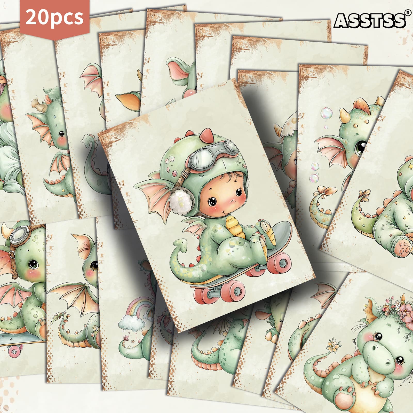 TEMU 20-pack Asstss Retro Cartoon Dinosaur Baby Series Gift Card - 4x6 Inches Retro Junk Journal Paper Classic Pinup Illustrations Collectible Decorative Painting Cards For Scrapbooking & Crafting
