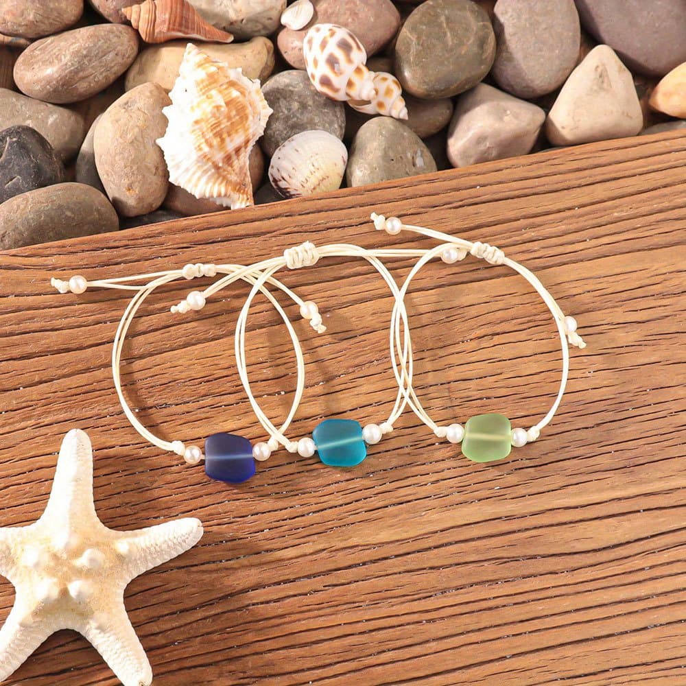 TEMU 3pcs Set Bohemian Ocean Colorful Sea Glass Bracelet For Women - Perfect Gift Casual Attire