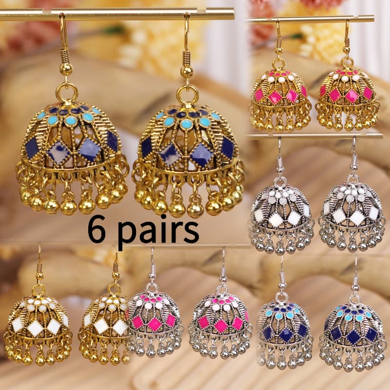 TEMU 6 Pairs Of Bell Tassel Hollowed-out-dropping Earrings, Bohemian Ethnic Style Exaggerated And Elegant Earrings