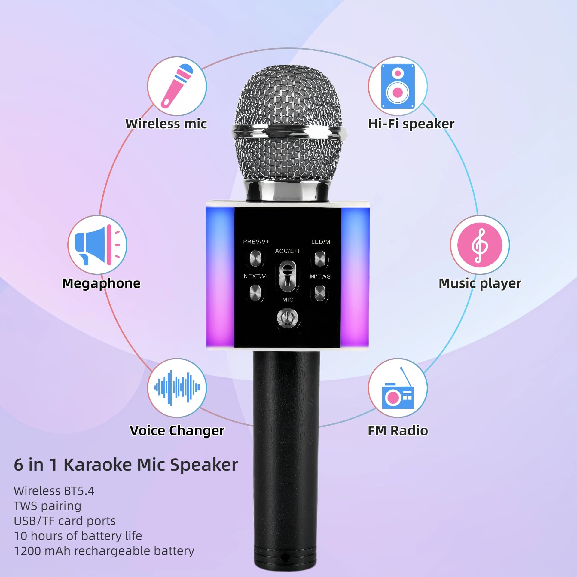TEMU 6-in-1 Wireless - Big Wireless Speaker, Led Lights, Voice Changer, Pairable - Portable Singing Mic For Family, Birthday, Parties, Car Trips, Halloween, Thanksgiving And Christmas Gifts