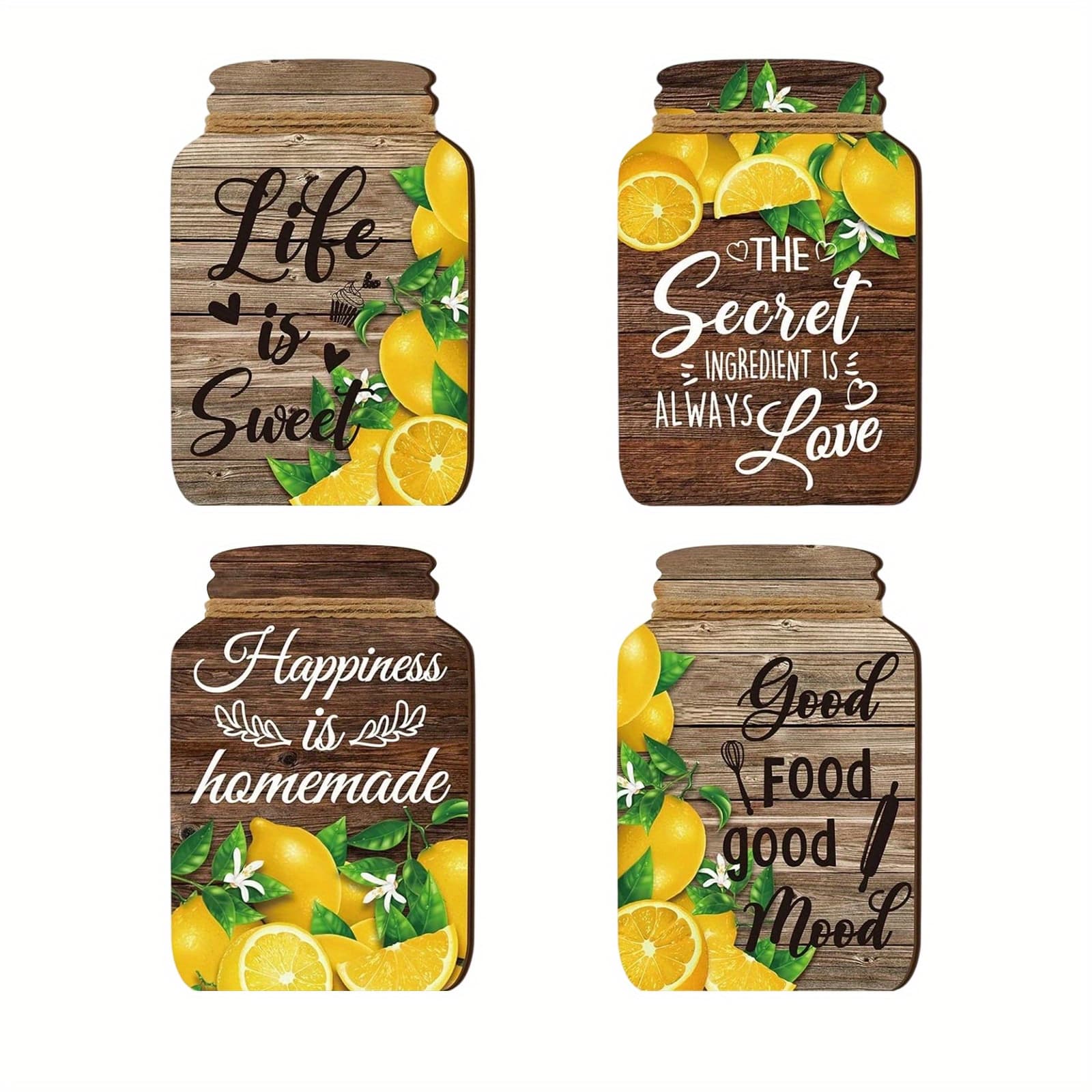 TEMU 4pcs Lemon Print Jar-shaped Wall Decor With Lemon Letters - Artificial Wood Lemon Pot For Home Kitchen, Decoration, No /, Installation (compatible With Lemon Themed Parties)