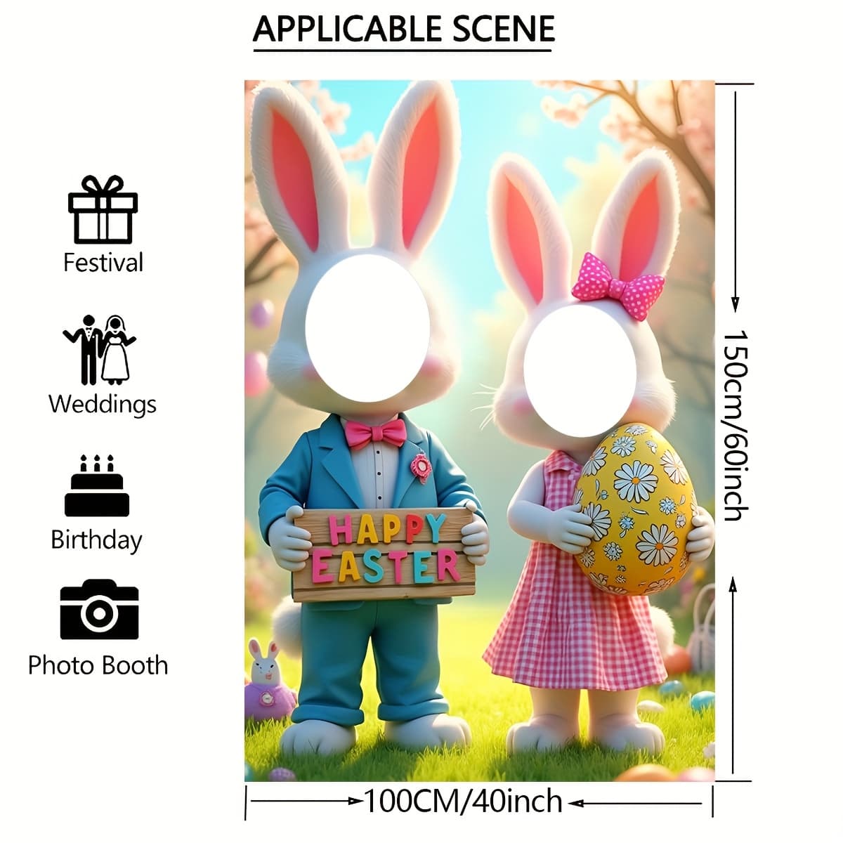 TEMU Vibrant Easter Bunny & Egg Photo Booth Banner - Polyester Fiber, Indoor/outdoor Party Decor For Garden, Birthday, Spring/, Festive Easter Gifts With "" Sign