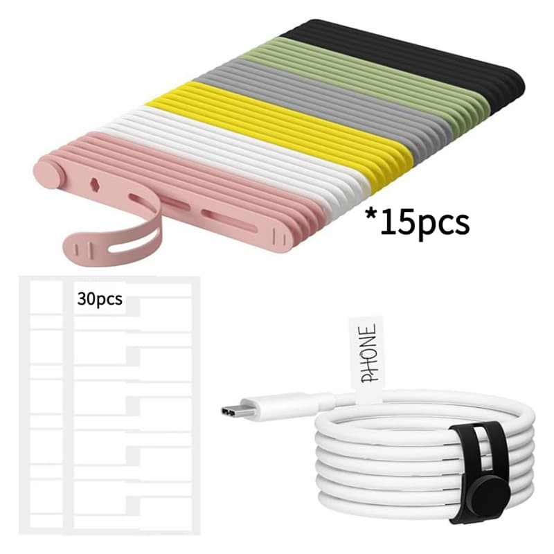 TEMU 45pcs Cable Ties Set- Includes 15 Silicone Cable Ties+ 30 Writeable Cable Labels, Data Cable Storage Straps, Suitable For Wire Organization , Home And Office Desks