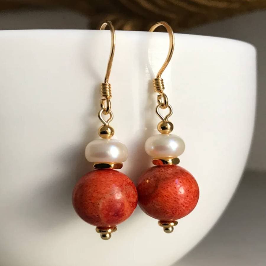 TEMU Handmade Coral Bead Earrings, A Gift For Women, Natural Stone Drop Earrings, Christmas Present