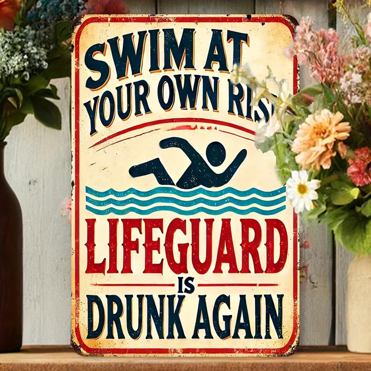 TEMU 2d Flat - 1pc Funny Pool Party Decor - Swim At Your Own Lifeguard Is Drunk Again Metal Sign - Vintage Wall Art - Heavy-duty Iron Construction - With Pre-drilled Holes - Retro Pub, For Man Cave