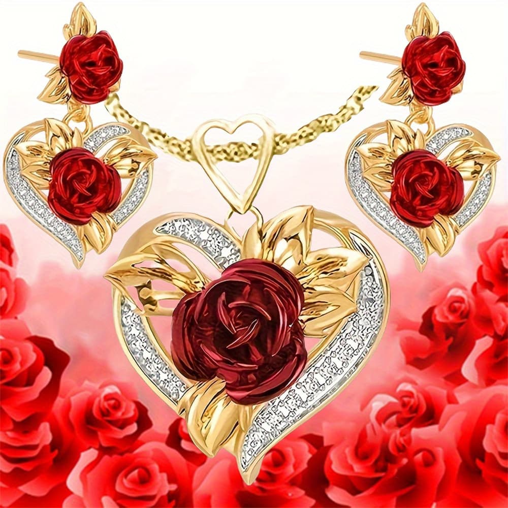 TEMU 3pcs Set Romantic Flower Pendant Necklace Earrings Set Decorative Accessories Holiday Birthday Anniversary Party Valentine's Day Gift Day Gift