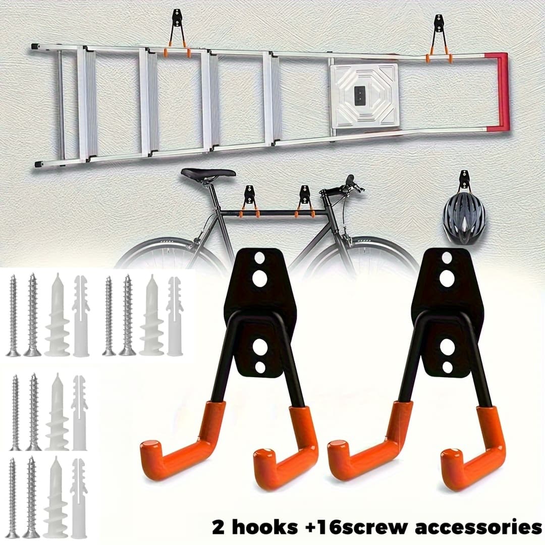 TEMU 18pcs ( + 16 Additions) Durable Metal Tool Hooks, Wall-mounted Garage Organization Rack - An Industrial-grade Space-saving Storage Solution For Ladders, Bicycles, And Tools