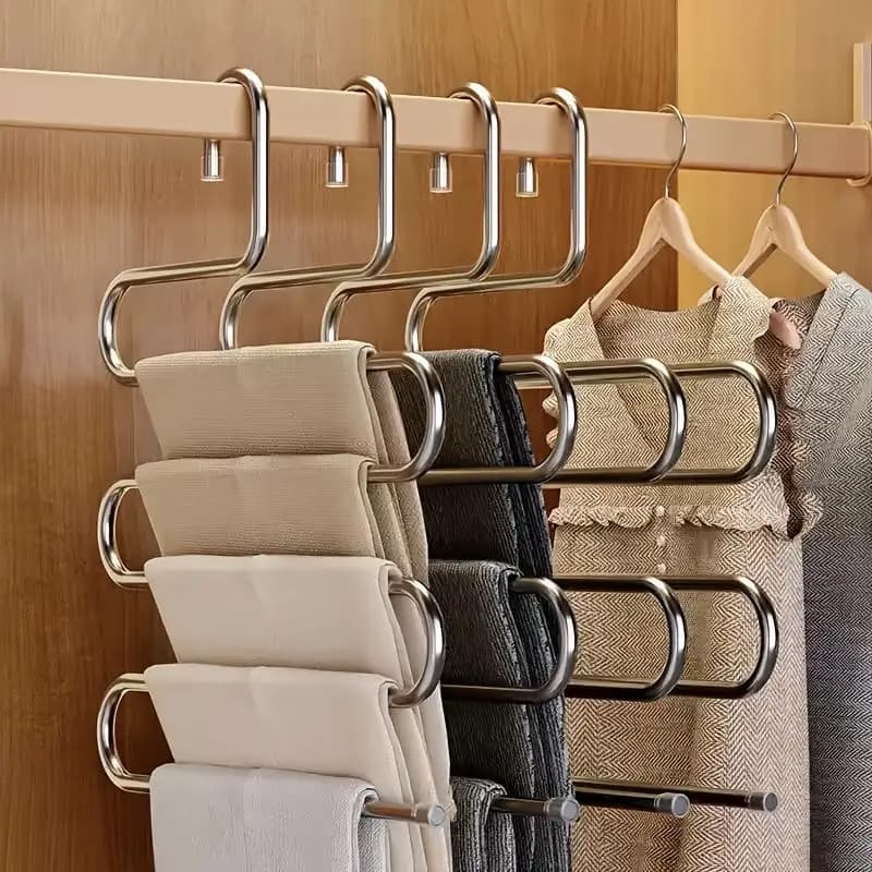 TEMU 1pc Five-tier Heavy-duty Stainless Steel Hanger – Space-saving Wardrobe Organizer, Non-slip No-mark Pants Hanger Suitable For Jeans, Trousers, Skirts, Polished Finish Garment Organizer