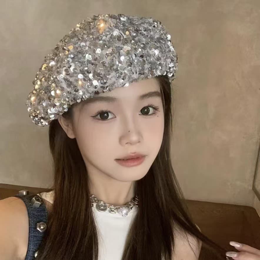 TEMU Thin Sequin Octagonal Beret Hat For Women Summer Korean Japanese Trendy Painter Beret Hat