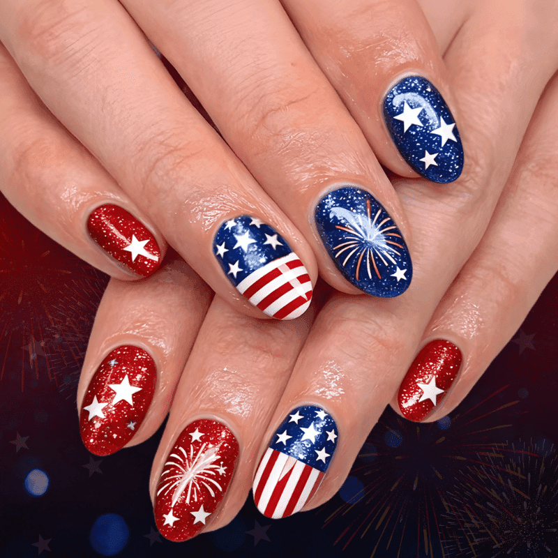 TEMU 48pcs Press On Nails Suitable For Women, Short Square False Nails With American Flag Stars & Firework Glitter, Red Blue White Reusable Fake Nails For Day Parties, Fireworks, Picnics, Daily Wear