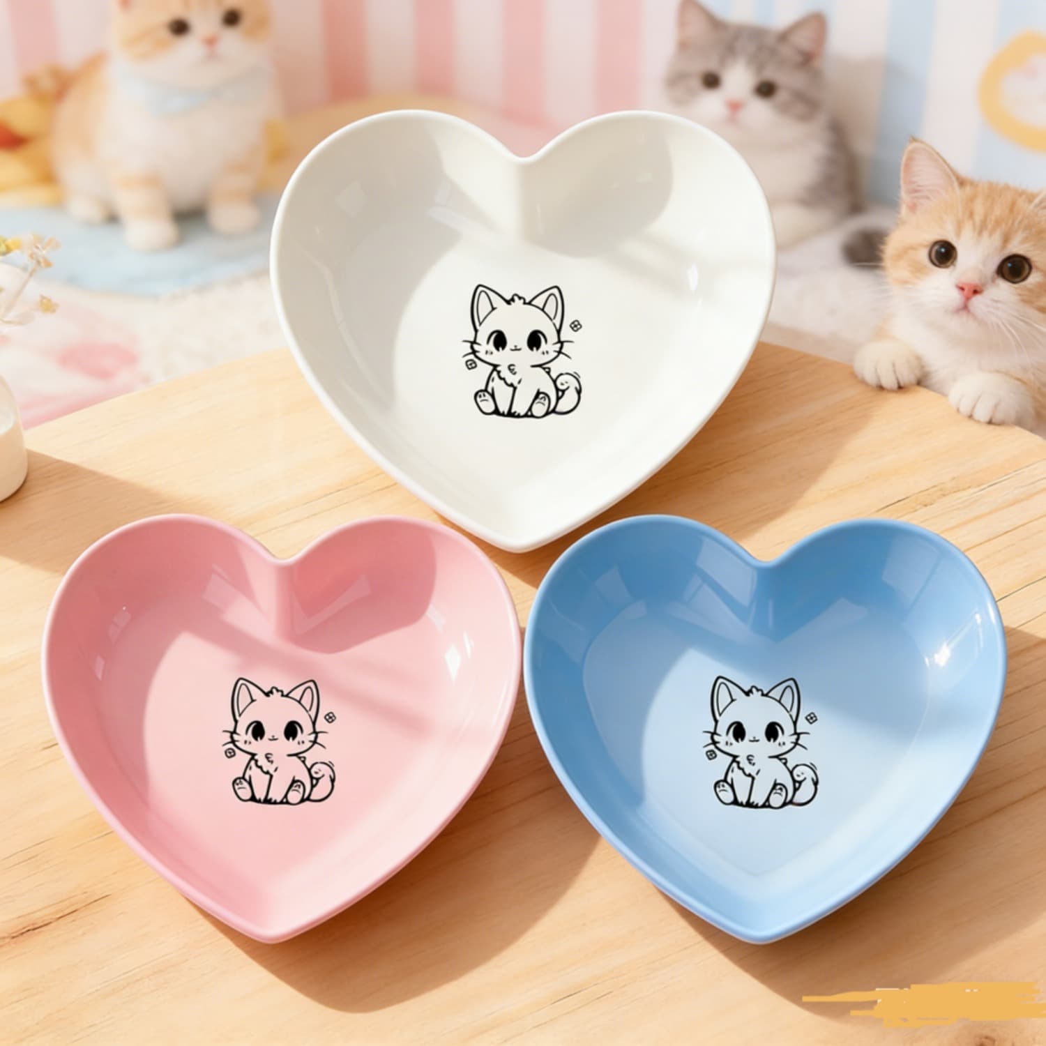 TEMU Set Of 3 Heart-shaped Bowls For Cats Featuring A Cat Design, Including A Food Bowl, Bowl For Kittens, And A Water Bowl, Offering More Options For Your Pets, Without Battery