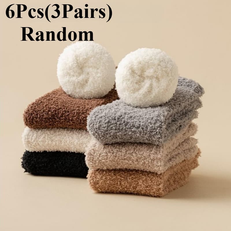 TEMU 6pcs (3 Pairs) Women's Winter Thick Fuzzy Warm Socks, Ultra Soft Fabric With Elegant Design, Perfect For Indoor Lounging And Wear, Essential Cold Weather Collection, Random Color