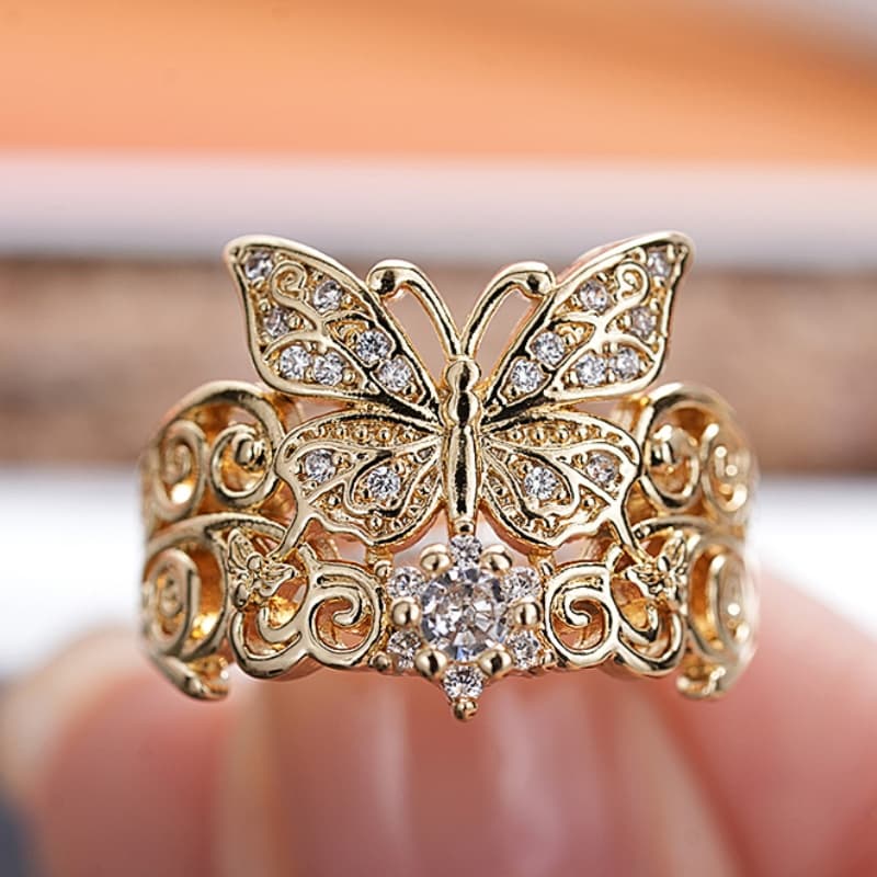 TEMU Exquisite Elegant Inlay Synthetic Zirconia Ring For Women Vacation Casual Luxury Golden Wide Ring Anniversary Valentine's Day Gift
