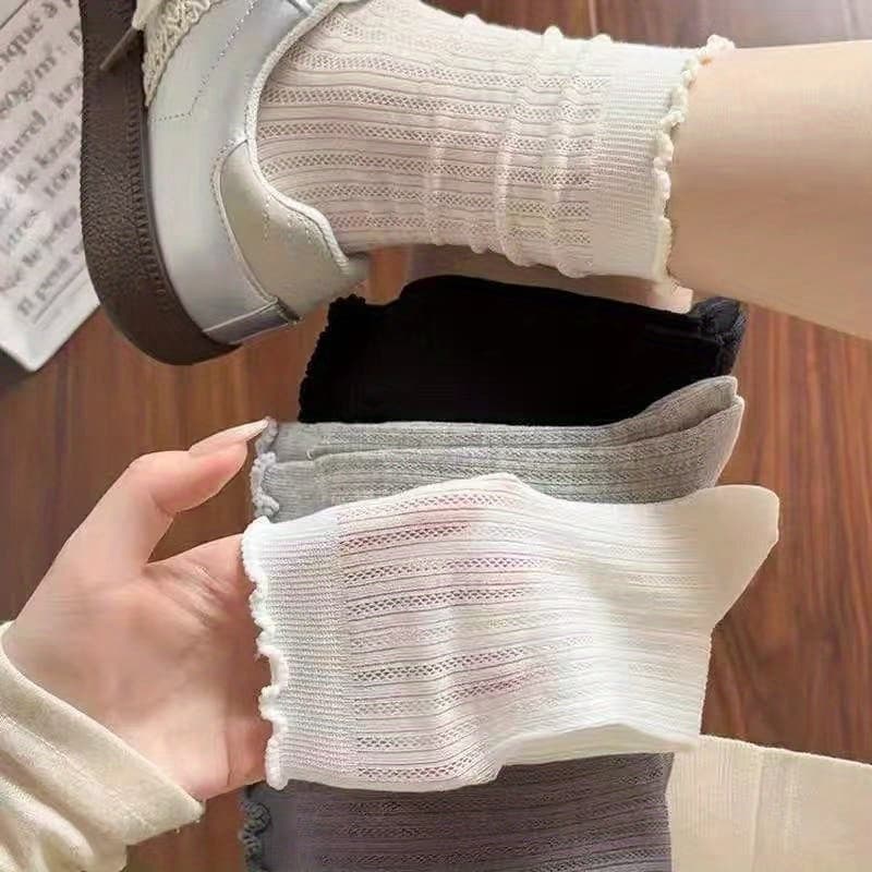 TEMU 3 Pairs Of Women' Socks, Summer Thin Mesh Hollow-out Breathable Korean-style Ins-inspired Trendy Versatile Solid Color Mid-calf Socks, Slouchy Over-the-calf Socks