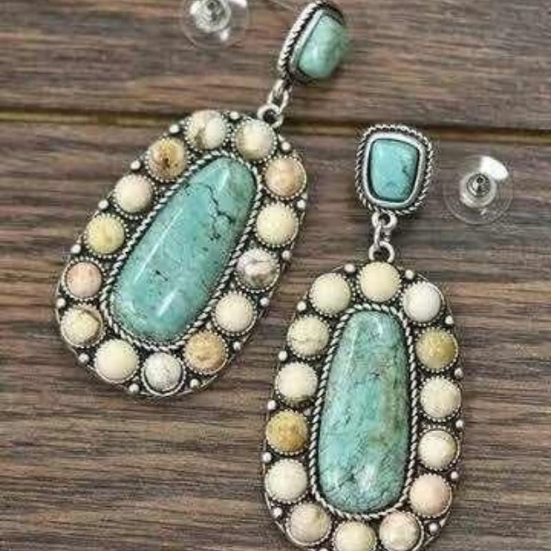 TEMU 2pcs Silvery Plated Synthetic Turquoise Oval Dangle Earrings, Boho Style Jewelry For Festival Vacation Date, Gift For Women