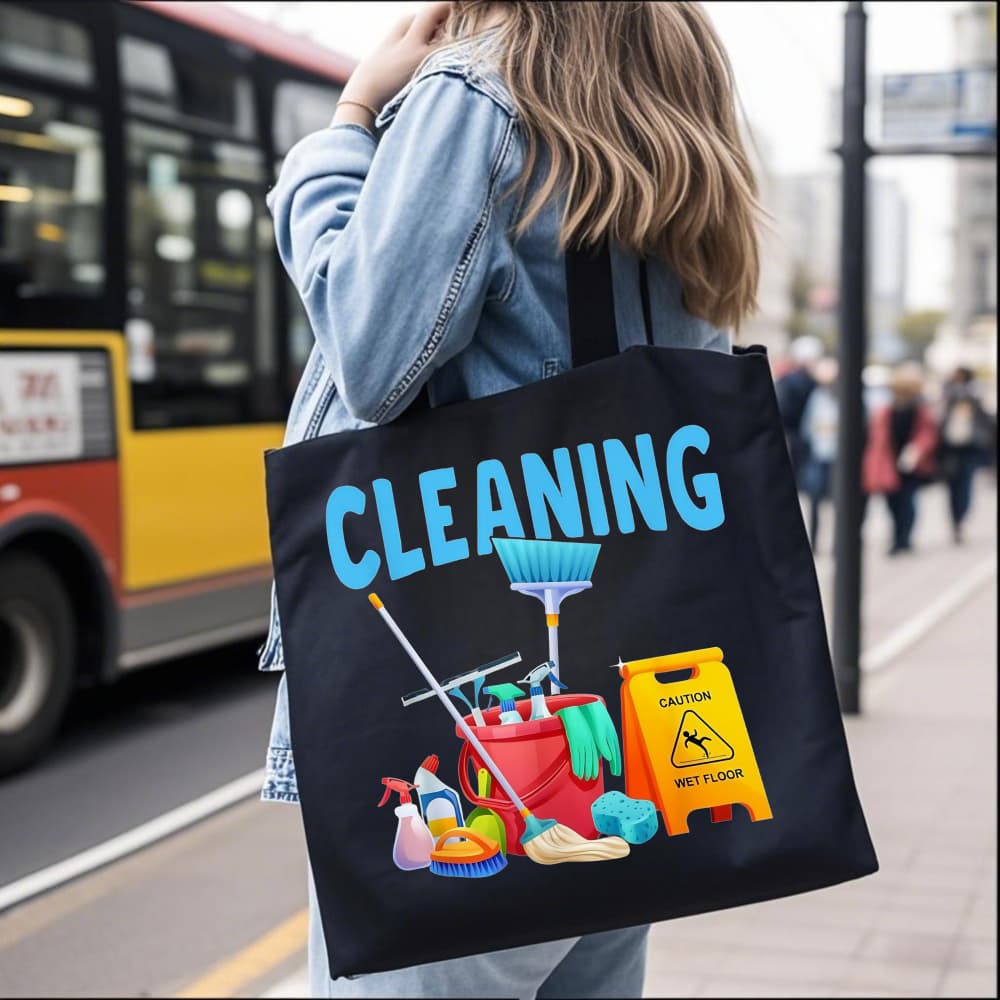 TEMU A Canvas Tote Bag Featuring A Printed Design Of Cleaning Supplies, Lightweight And Foldable, Use, Shopping, And As Gifts For Holidays, And Easy To Care For
