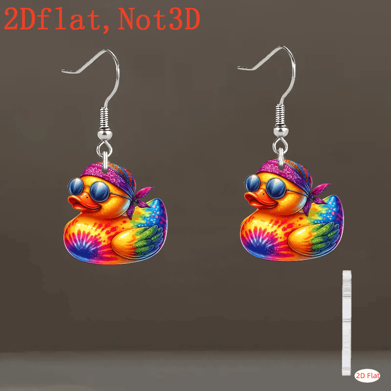 TEMU 2d Flat, 2d Flat - A Pair Of Exquisite Earrings Featuring A Flat Acrylic Design With A Tie-dye Rubber Duck Pendant - Hippie Fashion Glasses Duck Acrylic, Vintage 70s Women's Jewelry, 2d Flat
