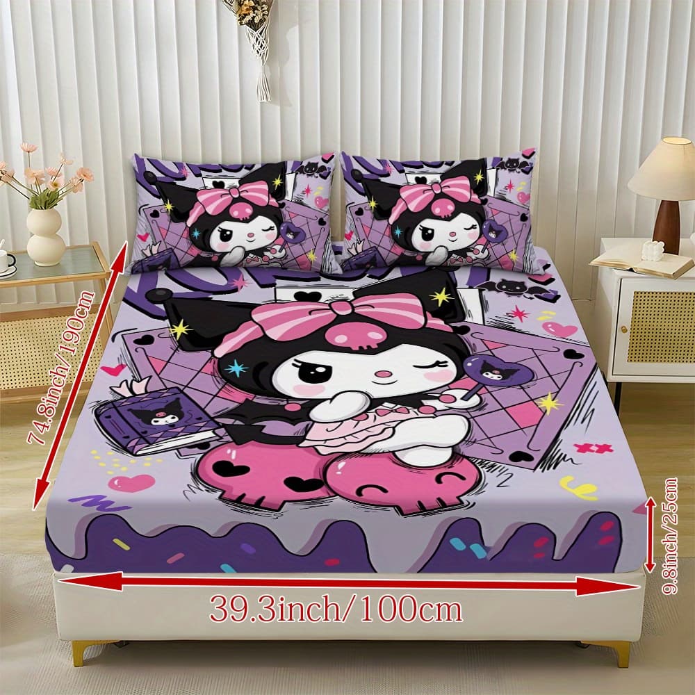 TEMU Fitted Sheet And 3pcs Bedding Set - 3pcs Hello Kitty Pattern Mattress Protectors (1 Fitted Sheet + 2 Pillowcases, ), Kuromi Soft And Comfortable Sheets For Home Bedroom And , Perfect For All