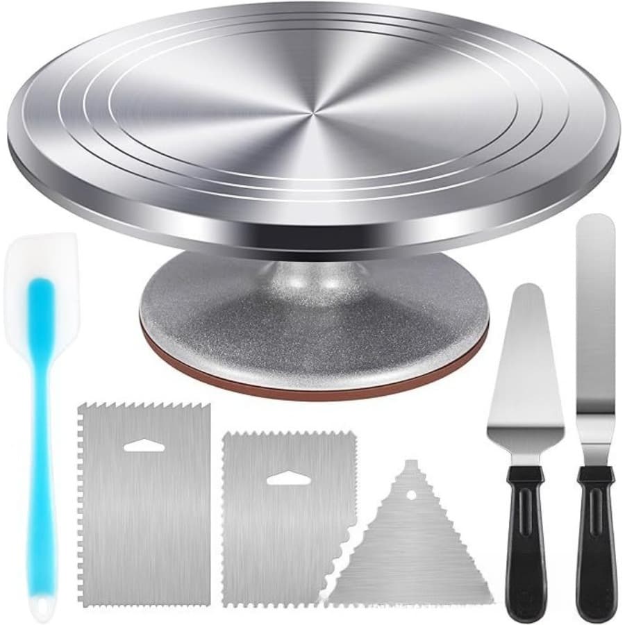 TEMU 7-piece Cake Decorating Turntable Stainless Steel Scraper With Base Rotating Baking Workstation Decoration Tool