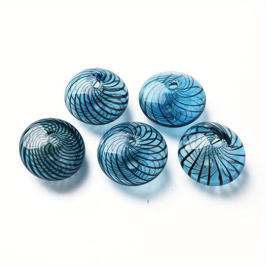 TEMU 2d Flat, 5pcs Set Of Transparent Hand-blown Glass Beads, Striped Pattern, Flat Round, Blue, 11-13x19-20mm, For Making, Earrings, Necklaces, And Craft Accessories