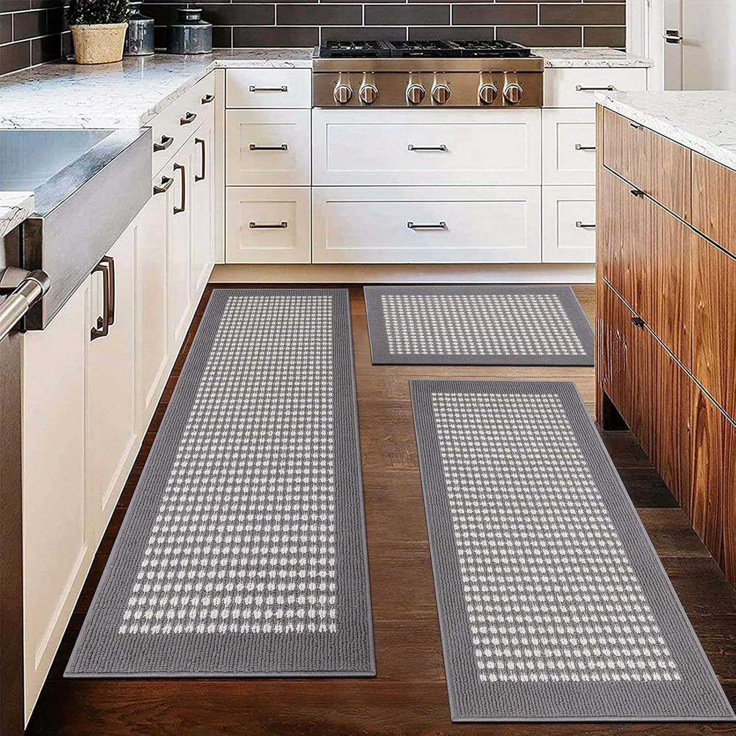 TEMU Kitchen Mat Sets 3pcs Water Absorbent Kitchen Floor Rugs Non Slip Entrance Runner Rugs Farmhouse Laundry Throw Mats Machine Washable Carpet Sets For Indoor Mat Balcony Garage