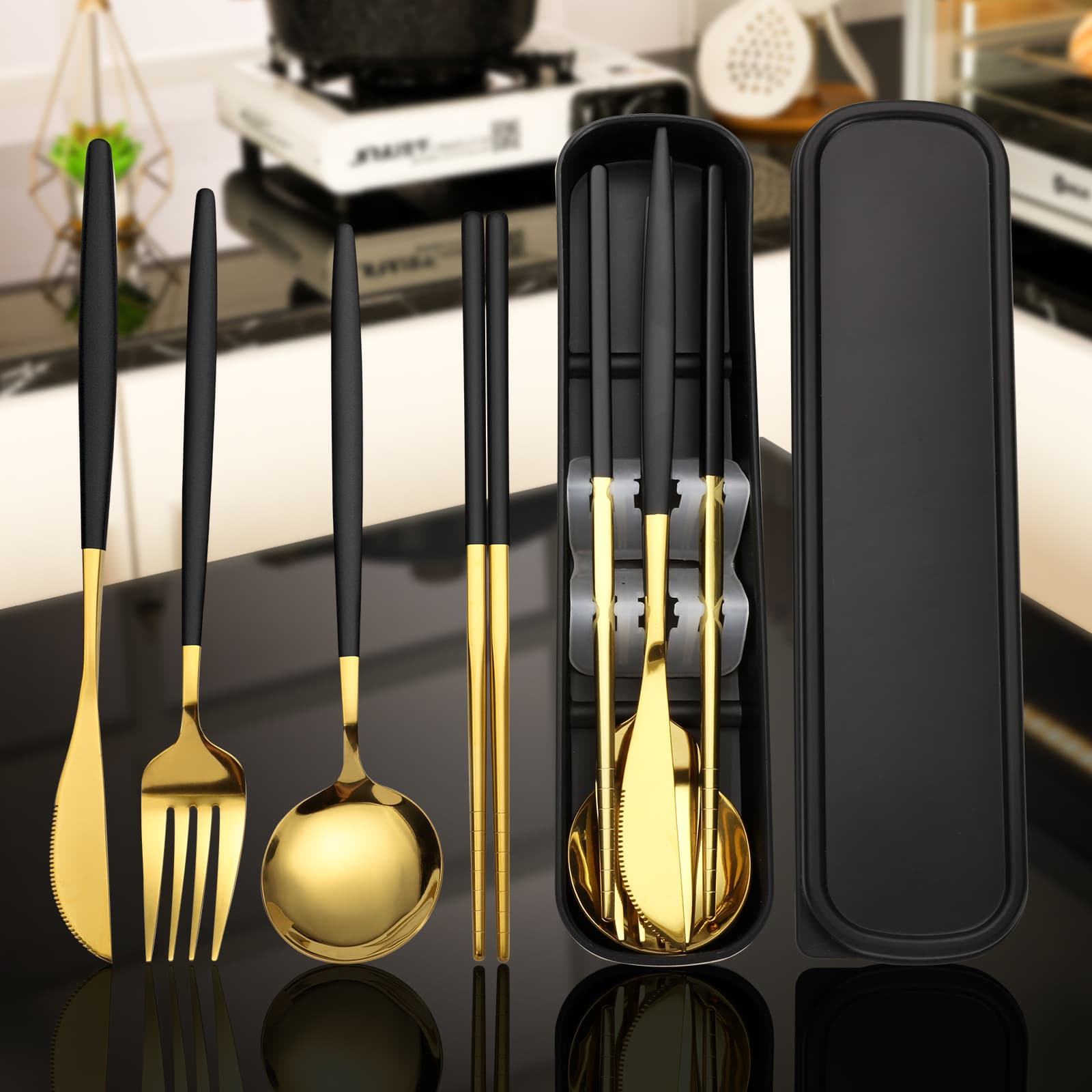 TEMU 5pcs Stainless Steel Portable Cutlery Set, Including Knife, Spoon, Fork, Chopsticks, And Storage Case - Perfect For Travel, Office, School, Picnics, Home Sets, Parties, And Weddings