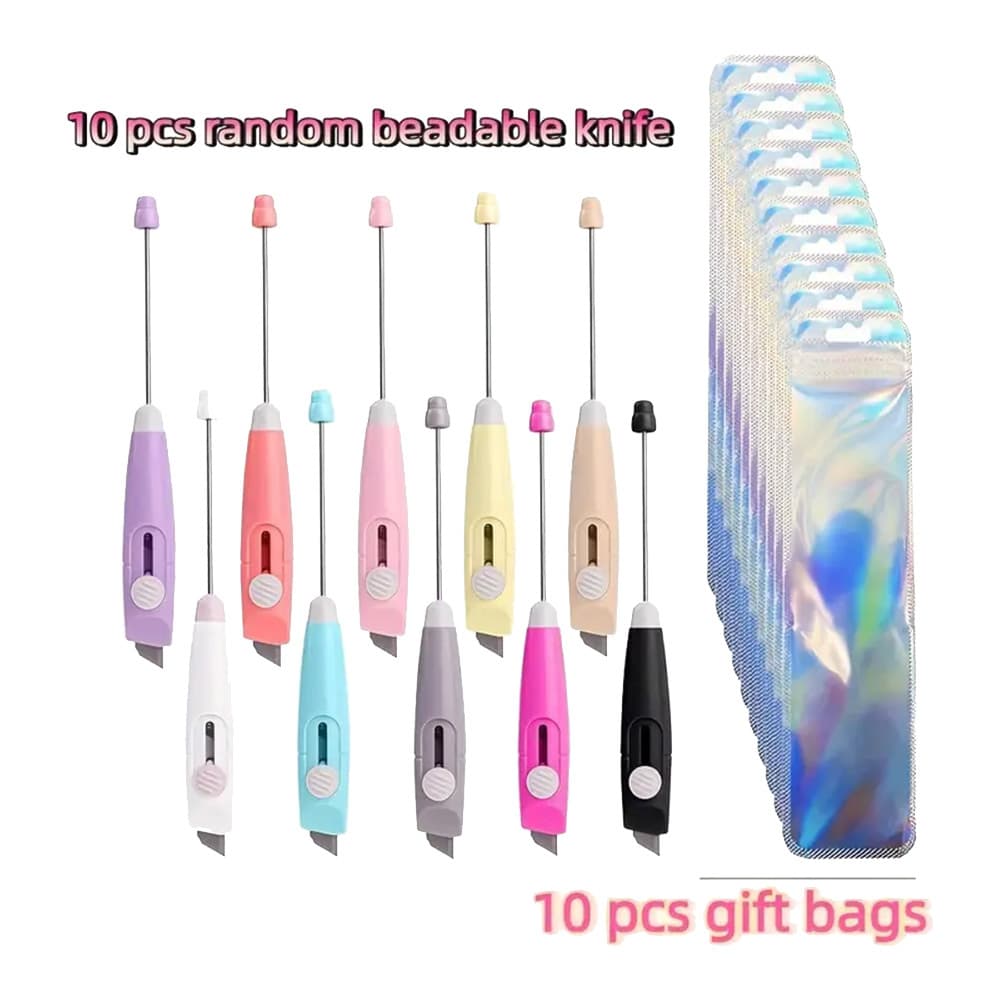 TEMU 20pcs Beaded Envelope And Blade Set (includes 10 Pens + 10 Bags) - Manual Retractable Metal Letter Opener With Beaded Design