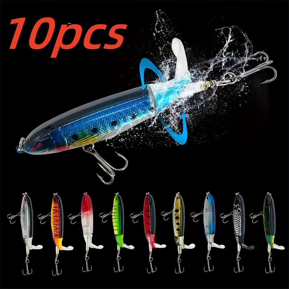 TEMU 10-pack Surface Fishing Lures | Artificial Popper Hard Bait Crankbait Wobbler Rotating Tail Suitable For And Pike, Abs Material, Mixed Colors, Interchangeable For Saltwater And Freshwater