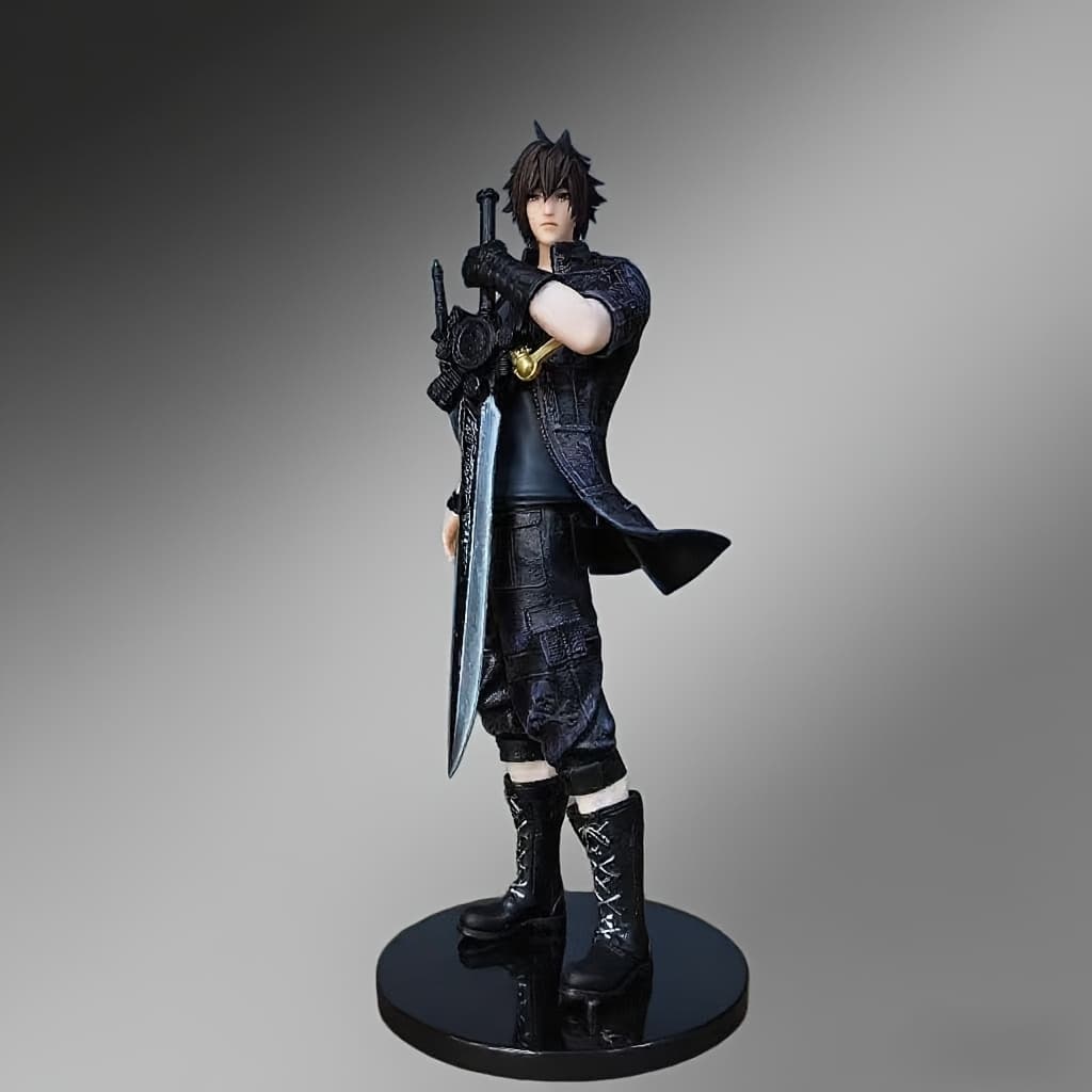 TEMU Collectible Statue Of An Anime Game Character Featuring A Dynamic , Eyes, Black Hair, And A Sword. Comes With A Compatible Display Stand